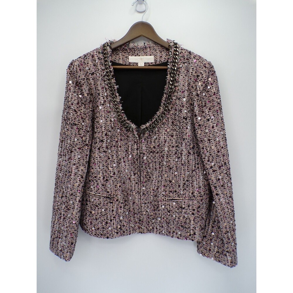 Boston Proper Pink Tweed Fringe Zip Jacket Sequins Chain Collar Size 16